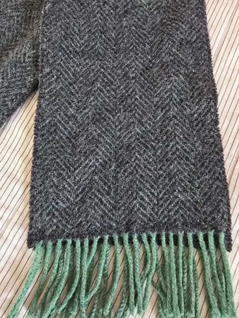 John Hanly 9x78 Irish Cashmere Merino Scarf Green Charcoal Herringbone
